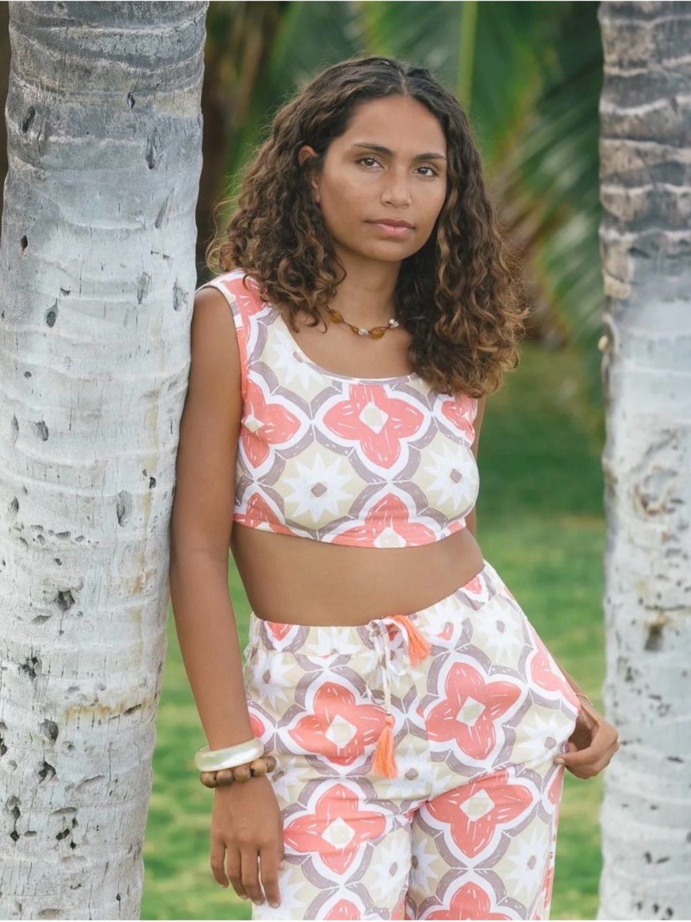 Tiare Hawaii Coral & Cream Floral Crop Tank